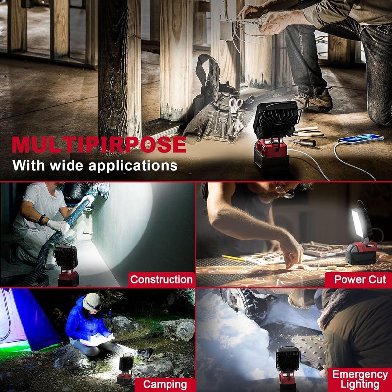 MtiolHig 2PCS Cordless LED Work Light Compatible with Milwaukee 18v Battery,112W 11200 Lumens Battery Powered LED Flood Light Only, with USB & Type-C Charging for Emergency, Workshop, Outdoor - Image 4